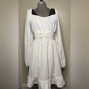 Crisp White Long Sleeve Ruffled Flattering Fit Dress Size L
